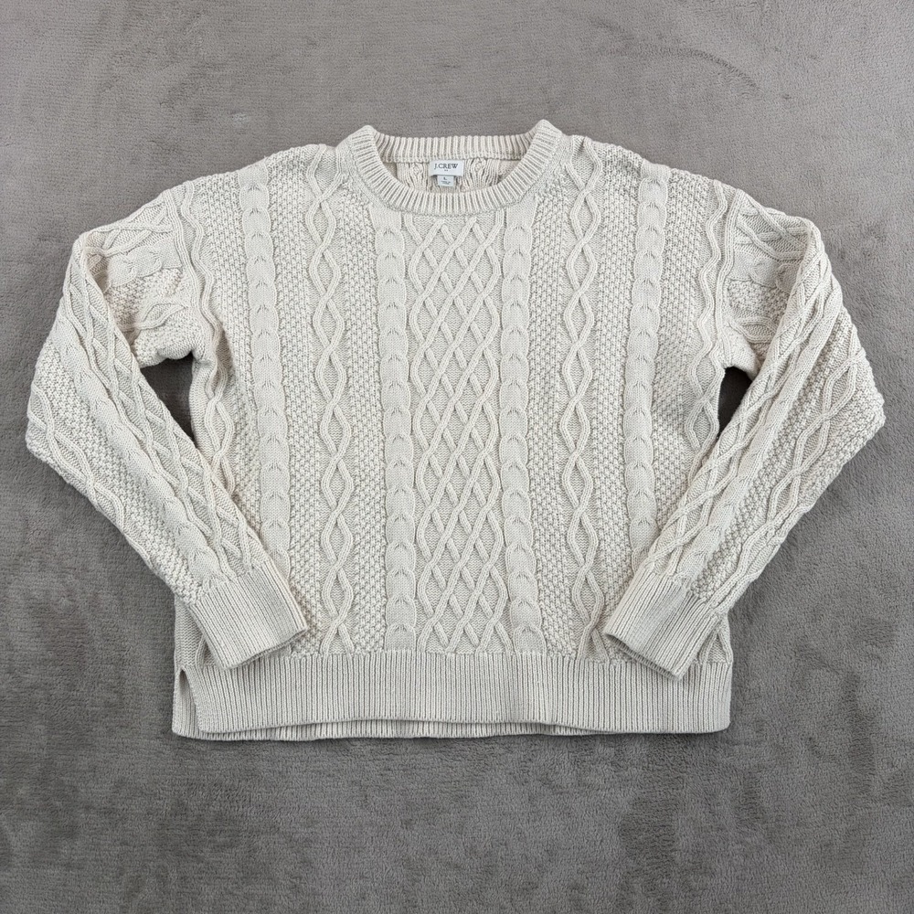 J. Crew Cable Knit Crewneck Sweater in Ivory Women Large Regular Fit Fishermen